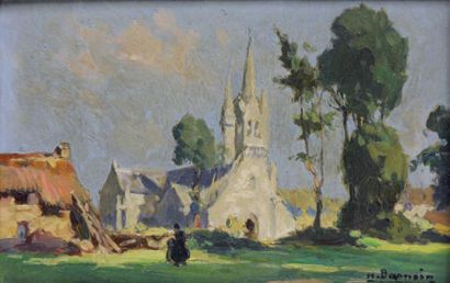 Henri BARNOIN (1882-1940) Église de Bretagne Huile sur carton signée en bas à droite...