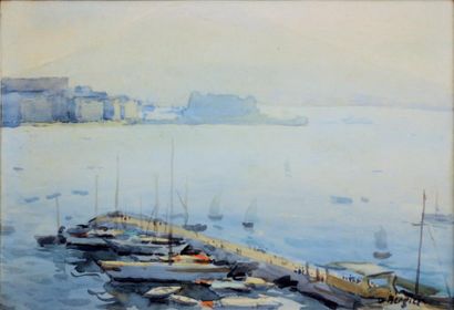Alfred BERGER (1881-1970) Port de Naples Aquarelle signée en bas à droite. Dim: 39...