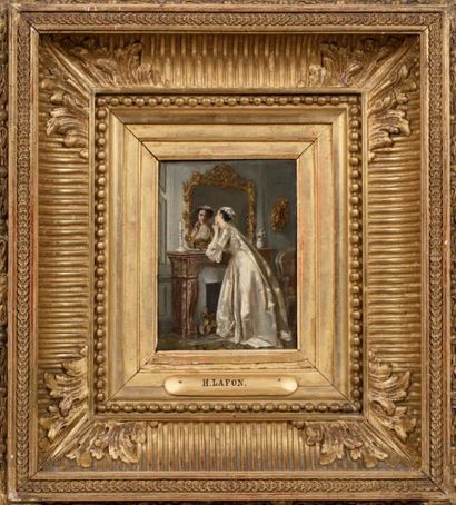 Henri LAFON (Actif à Marseille au XIXème siècle) Femme à son miroir Panneau. Signé...