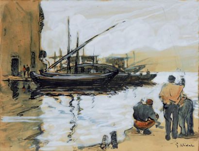 Gustave VIDAL (1895-1966) Port de pêche animé Aquarelle gouachée, signée en bas à...