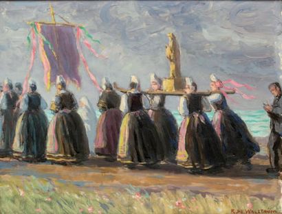 Sigrïd Rougemont de WALHSTROM (1888-1984) Procession en Bretagne. Huile sur isorel....
