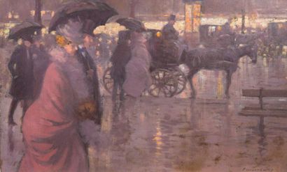 Edouard CORTES (1882-1969) Rue animée, le soir - Circa 1898-1900 Huile sur papier...