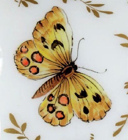 R.NOIROT Flacon opaliné Blanc de forme cylindirque à décors de papillons et de branchages....
