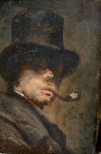 ECOLE FRANCAISE XIXème Portrait de l'homme à la pipe Huile sur panneau. Dim.: 14...