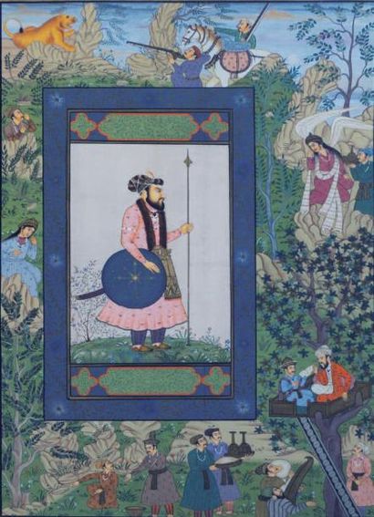 null Peinture sur soie Représentant un dignitaire Moghole. Dim.: 105 x 75 cm.