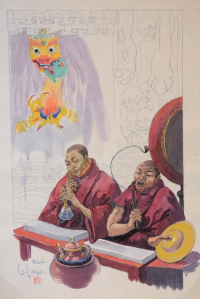 null Les moines tibétains Mine de plomb et aquarelle signée, située et portant le...