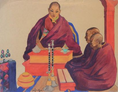 null Moines tibétains en pèlerinage à Hémis Aquarelle signée en bas à gauche et située...