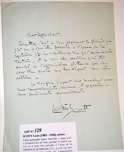 SCOTT Louis [1883 - 1928], acteur Lettre autographe signée. Sans date; 1 page in-4°....