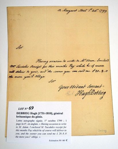 DEBBIEG Hugh [1731-1810] Général britannique du génie Lettre autographe signée. 1er...