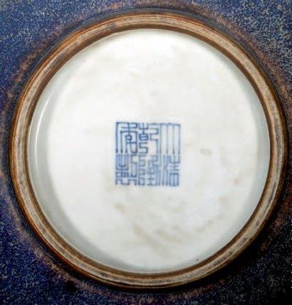 CHINE - XIXe siècle Vase "jiuerzun" en porcelaine émaillée bleu flammé, deux anses...