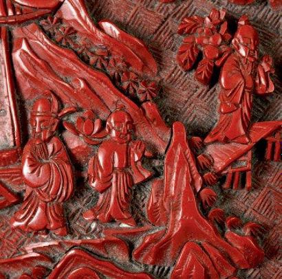CHINE - XIXe siècle Boîte de forme rectangulaire en laque rouge sculpté d'immortels...