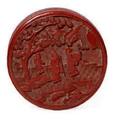 CHINE - XIXe siècle Boite de forme ronde en laque rouge scullpté sur le couvercle...