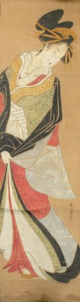 JAPON - Fin de l'Epoque EDO (1603 - 1868) Encre polychrome sur papier, portrait en...