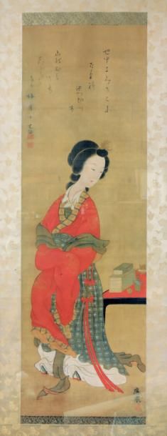 JAPON - XVIIIe siècle Encre polychrome sur soie, portrait d'une femme chinoise assise...