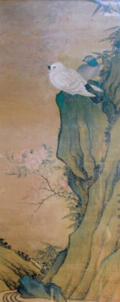 CHINE - XIXe siècle Encre polychrome sur soie, couple de tourterelles sur un rocher....