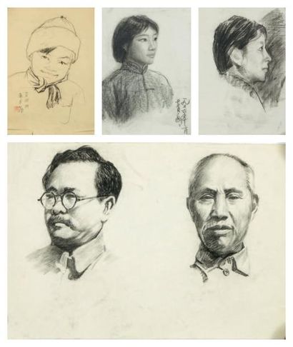 CHINE Cinq dessins à la pierre grasse sur papier, représentant des portraits de jeune...
