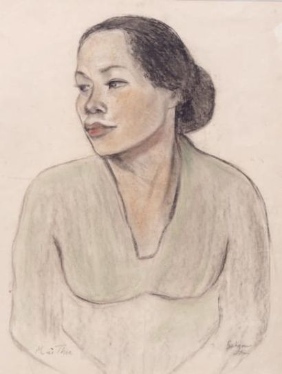 MAI THU (1906-1980) Fusain sur papier, portrait de jeune femme. Signé Mai Thu en... Gazette Drouot