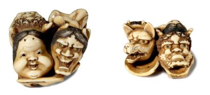JAPON - Fin de l'Epoque EDO (1603 - 1868) Netsuke en ivoire, groupe de masques accolés....