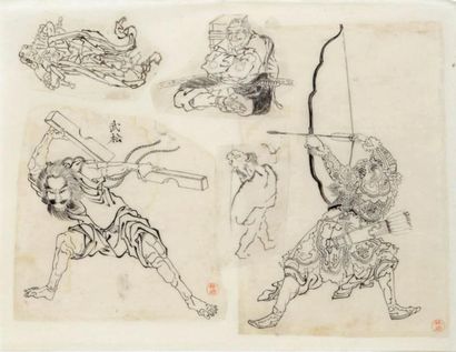 JAPON - XIXe siècle Ecole de Katsushika Hokusai (1790-1849) Cinq encres sur papier...