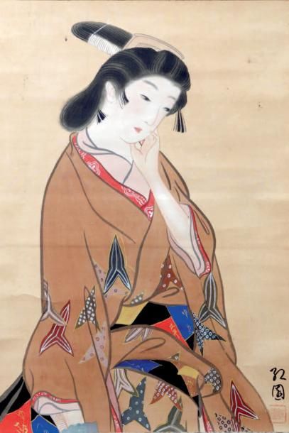 JAPON - XIXE SIÈCLE Peinture à l'encre et couleurs sur soie, représentant une jeune...