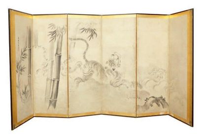 JAPON - XVIIe siècle Kano Yasunobu (1613-1685) Paravent à six feuilles, encre sur...