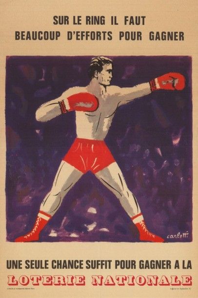 CARLOTTI LOTERIE NATIONALE Boxe
 Affiche pliée en bon état
 Trois petites déchirures,...