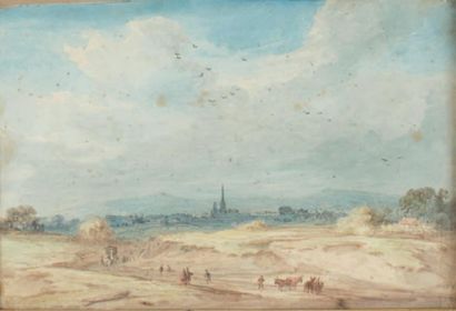 Ecole ANGLAISE du début du XIXème siècle Voyageurs dans un paysage Aquarelle 12,5...