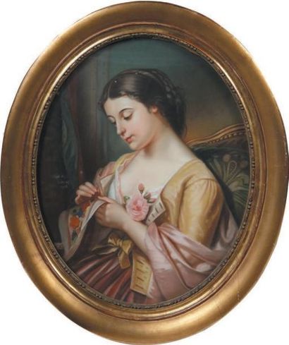 H.HUET École française du XIXe siècle «Femme à la couture» Pastel, signé et daté...