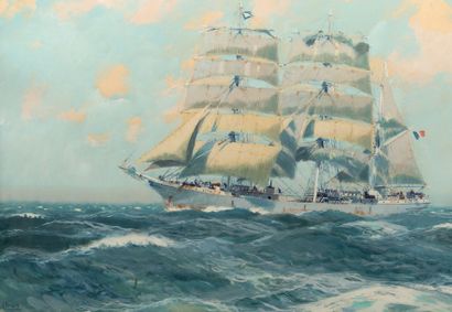 Albert BRENET (1903-2005) Belle gouache représentant «un trois mâts barque au près...