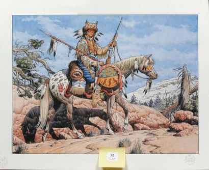 null Sérigraphie «Chef indien à cheval» par Blanc-Dumont. Format 42,5 x 37,5 cm....