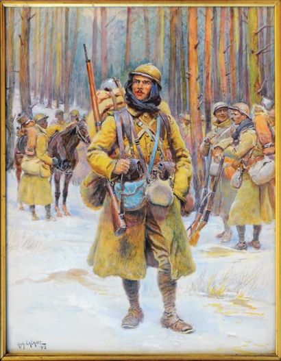 Lalauze (Alph.) La Grande Guerre. Tirailleurs nord-Africains en réserve dans un sous-bois...