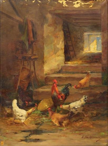 Edmond Van COPPENOLLE (1846-1914) Basse-cour, circa 1890 Huile sur toile Signée en...