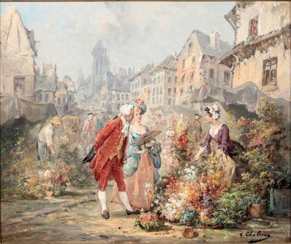 Georges Chabrier (actif au XIXe) Marché aux fleurs Huile sur toile signée en bas...