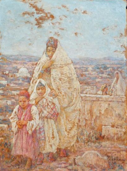 Louis-Auguste GIRARDOT (1856-1933) Visite au vieux cimetière, Maroc Huile sur carton...