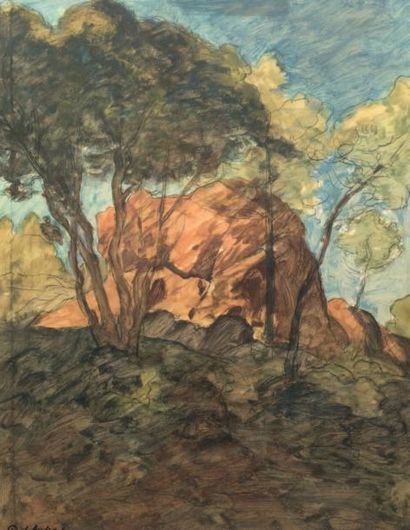Paul Audra (1869-1947) Arbres et rochers Huile sur papier, signée en bas à gauche...