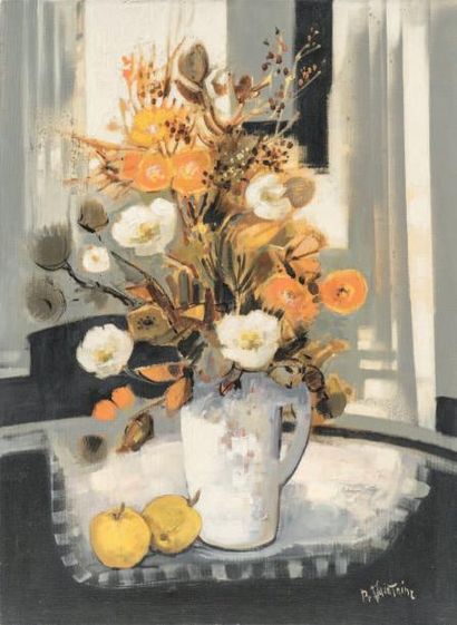 Roger QUINTAINE (1921-2005) Bouquet de fleurs et fruits sur une table Huile sur toile,...