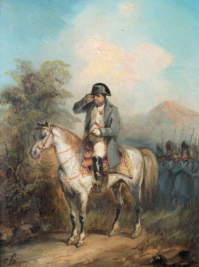 CHARLET (d'après) Napoléon 1er à cheval en observation dans un paysage campagnard...