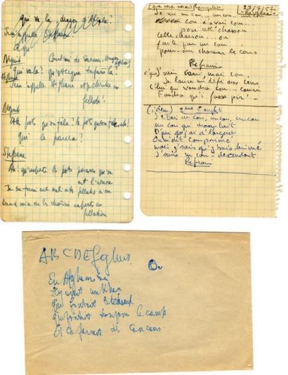 SARTRE Jean-Paul Ensemble de 3 pièces autographes sur pages de carnets. ? 27/7/1957....