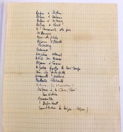 SARTRE Jean-Paul Pièe autographe. 1 page in-4°. Liste faite par J.P. Sartre pour...
