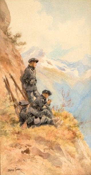 COMBA Pierre (1859-1934) Alpine Hunters Watercolor signed lower left. 34 x 18 cm