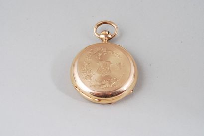 null Montre de gousset en or jaune 18K au dos gravé d’un écu et de branches fleuries,...