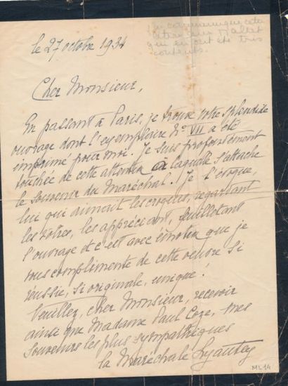 null Lettres du Maréchal LYAUTEY (1854 - 1934) à Paul COZE et lettre de S. Exc. Le...