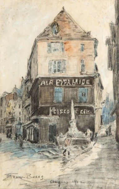 FRANK-BOGGS (1855-1926) Place animée, Angers, 1912 Aquarelle et crayon. Signé, situé...