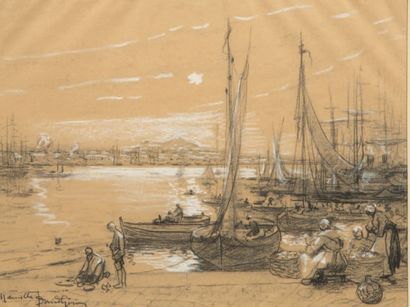 David GIRIN (1848-1917) A quai, Marseille Crayon et rehauts de craie blanche sur...