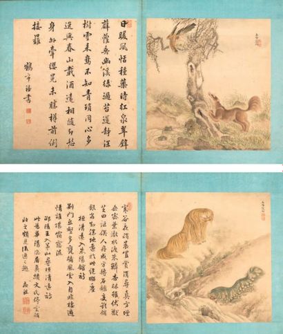 CHINE - XIXe siècle Ensemble de cinq feuilles d'albums: - Deux feuilles de peintures...
