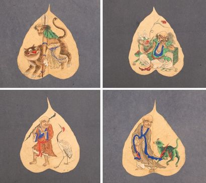 CHINE - XIXe siècle Quatre feuilles d'album de peintures à l'encre et couleurs sur...