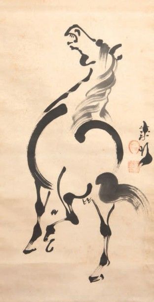 JAPON Epoque EDO (1603 - 1868) Peinture à l'encre sur papier, représentant un cheval...