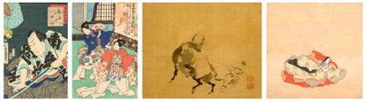 null Ensemble comprenant: - Toyokuni III (1786-1865): Deux oban tate-e, parties de...