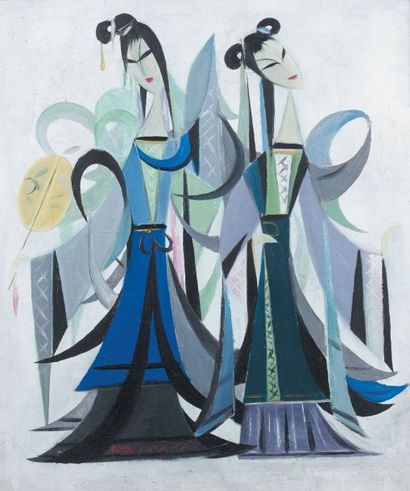 LIN FENGMIAN (1900-1991) Série de l'opéra: Le Pavillon des Pivoines. Huile sur toile....