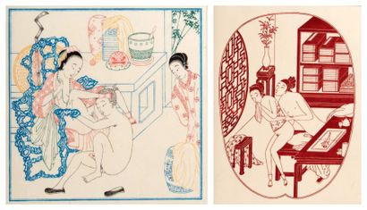 Van Gulik, (1910-1967) Two erotic prints after Ming period plates, interior scenes,...